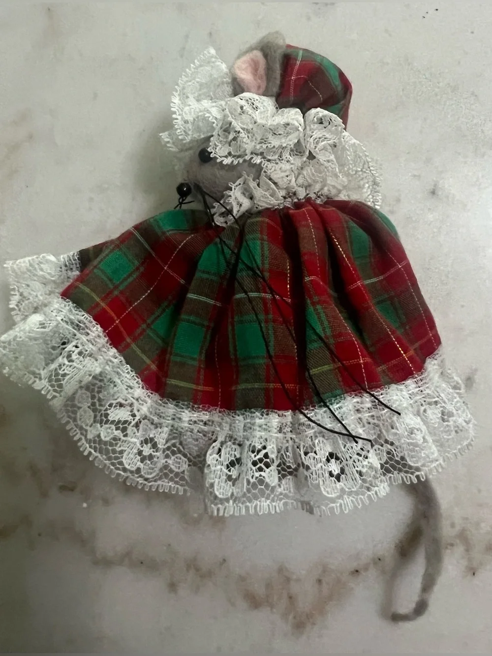 Vintage Cloth Christmas Mouse Plaid Dress & Hat Holiday Decor Ornament
